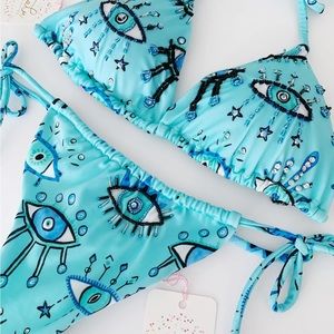 NWT Colombian Blue Sexy Boho Eyes Handmade Beaded Bikini Set Swimsuit